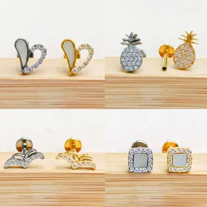 Titanium labret studs in pineapple and heart shapes with zircon in gold and silver finish