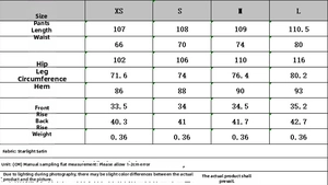 Gedetailleerde maattabel voor satijnen broeken met afmetingen in centimeters voor fit