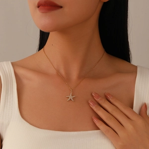 Starfish Pendant Necklace Gold Plated Stainless Steel With White Zirconia For Women Ocean Style Clavicle Chain