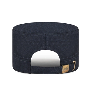 Men's dark blue flat top patrol cap with metal adjustable buckle and fabric texture
