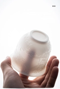 Translucent mutton fat jade porcelain cup showing detailed relief carving in light