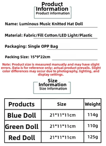 Detailed size chart for LED music knitted hat Christmas dolls with product dimensions