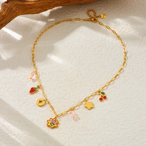 Golden stainless steel necklace with colorful strawberry cherry and flower charms