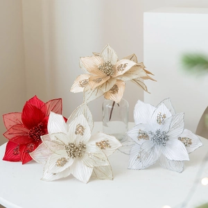 Glitter velvet Christmas flowers in red, silver and champagne for festive tree decoration