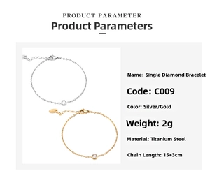 Detailed specs of single cubic zirconia titanium steel bracelet with 15+3cm length