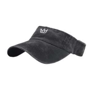 Black sun visor hat with white crown embroidery made of breathable washed cotton fabric