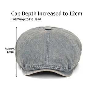 Vintage blue washed denim beret with 12cm deep crown and premium stitching