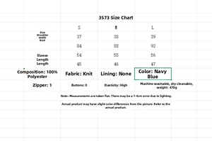 Size chart for women's knit sweater detailing measurements and fabric specifications