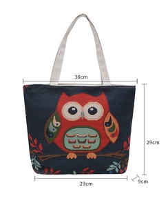 Detailed size chart of owl pattern canvas tote bag with dimensions 38x29x9cm