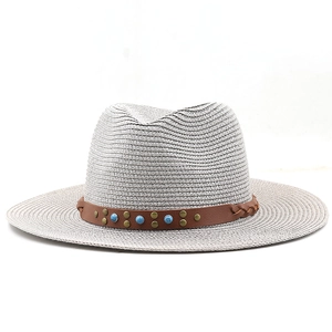 Classic straw fedora hat in light grey with vintage leather turquoise beaded band