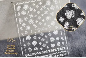 Detailed macro view of 3D embossed white floral nail art stickers with model TS-440