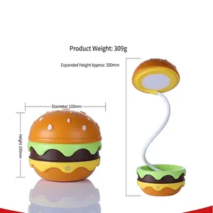 Creative LED hamburger desk lamp with folding neck and three-level touch dimming feature