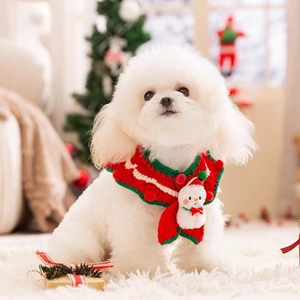 Pet Christmas New Year Knit Cotton Bib Collar Festive Adjustable Crochet Scarf For Small Dogs Cats Holiday Party Decoration