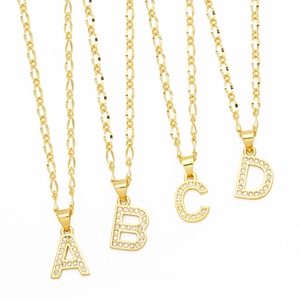 Alphabet Initial Pendant Necklace Gold Plated Copper With Cubic Zirconia Figaro Chain Trendy Fashion Jewelry For Women