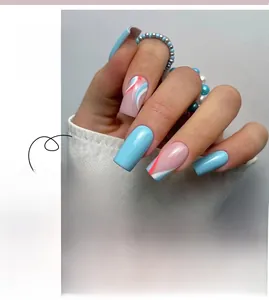 Blue and pink marble pattern press on nails in square shape with glossy finish detail