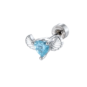 Silver angel wing cartilage piercing with heart-shaped blue zircon stone