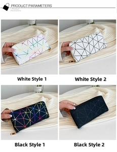 Detailed view of geometric laser patchwork textures on long zip-around wallets