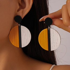 Geometric Round Color Block Dangle Earrings With 925 Sterling Silver Earring Post Wood Grain Acrylic Retro Boho Jewelry