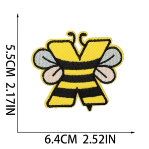 Detailed dimensions of bumble bee letter X embroidered patch in yellow and black