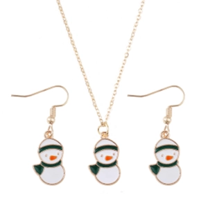 Detailed view of festive golden necklace and earrings set with cute snowman pendant
