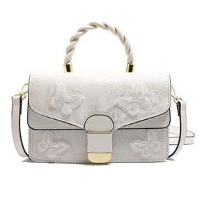 White butterfly embroidered handbag with gold chain strap and top handle for women
