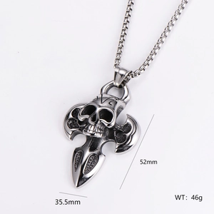 Detail view of silver skull pendant with dimensions 52mm by 35.5mm and 46g weight