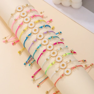 Colorful Bohemian woven bracelet set with sunflower charms and adjustable beaded design