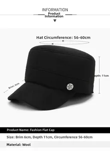 Detail showing wool flat top hat dimensions with brim size and silver star emblem