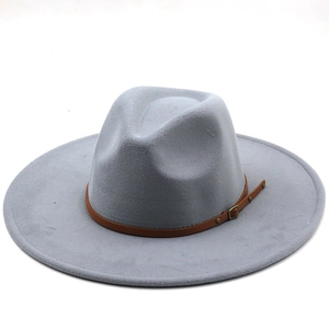 Light gray wide brim wool fedora with brown leather belt trim in a 45-degree view