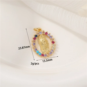 Macro detail of 14K gold Virgin Mary pendant with colorful cubic zirconia and dimensions