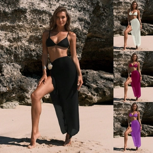 Women Polyester Halter Bikini Top Briefs And High Slit Knit Beach Skirt Stereoscopic Flower Decor Vacation Swimwear