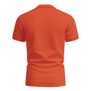Rear view of orange men's polo shirt showing breathable mesh fabric and tailored fit