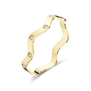 Golden wavy titanium steel bracelet with sparkling zircons on a clean white background
