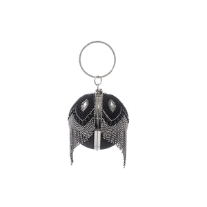 Pochette da sera sferica nera con strass argentati e manico ad anello in metallo