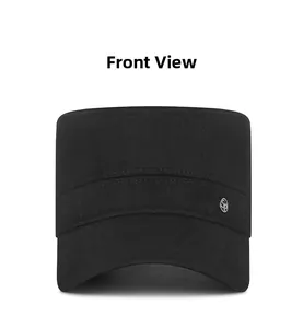 Front view of black wool flat top winter cap with earflaps and metal logo side detail