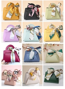 Detailed grid view of mini leather gift bags with decorative silk scarves in 12 colors