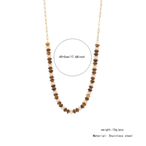 Detail showing stainless steel layered necklace with tiger stone beads and size parameters