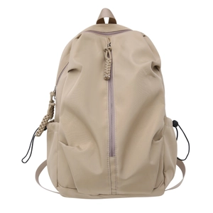 Large khaki minimalist sports backpack for travel and college with woven zipper pulls