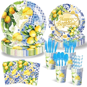 Lemon birthday party tableware set with blue tile patterns and Happy Birthday plates