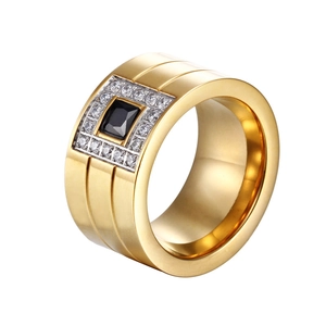 Polished gold stainless steel wide ring with square black stone and zircon accents