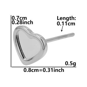 Close-up of heart-shaped stainless steel stud earring with detailed size measurements