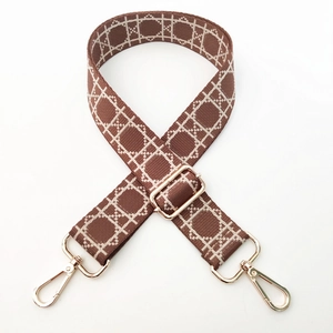 Adjustable wide replacement strap with brown geometric weave and gold metal hooks
