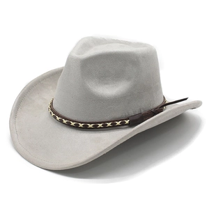 Detail of light gray suede cowboy hat featuring a brown leather band with cross-stitch