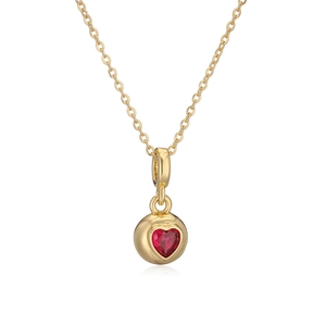 Gold plated necklace with spherical pendant featuring a red heart zircon on O-chain