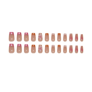 24 faux ongles français pêche avec fleurs 3D et forme cercueil longue tendance