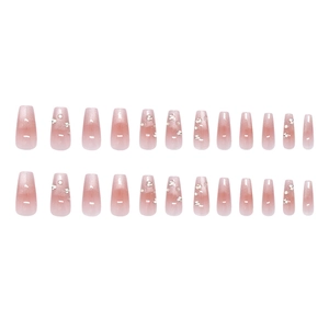 Pink gradient cat-eye press-on nails with glitter and rhinestones in coffin shape