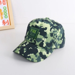 Detail shot of the digital pixel camouflage pattern and the green logo patch on the cap