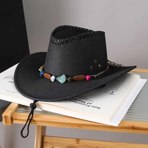 Chapeau de soleil noir en paille avec perles colorées et cordon réglable pour femme
