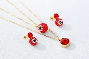 Detail view of gold layered necklace and matching red rhinestone eye pendant set