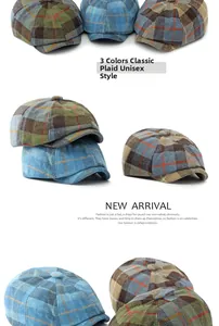 Detailed view of three vintage wool newsboy caps in classic plaid patterns for men and women